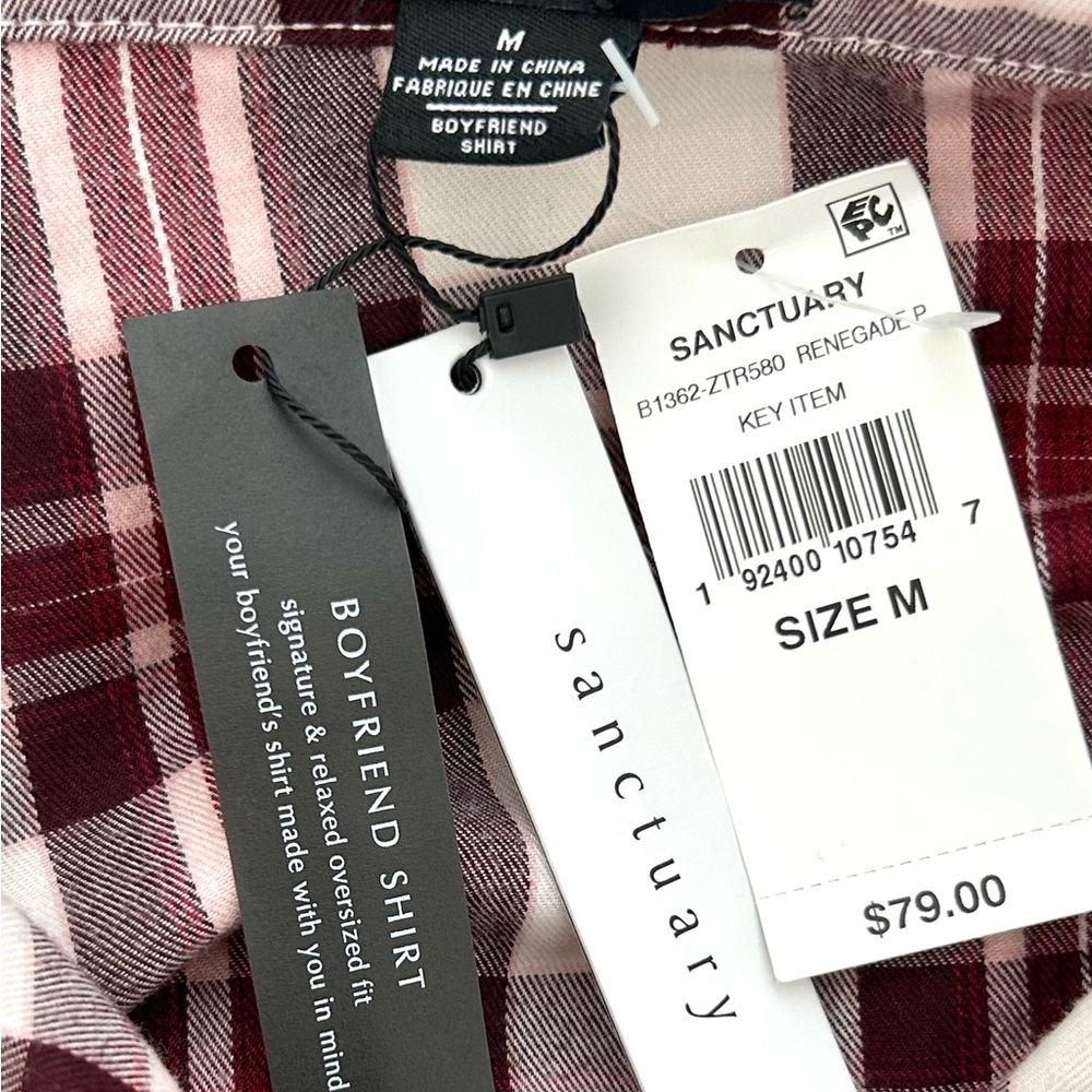 🌸NWT Sanctuary Boyfriend Maroon Plaid Button Down Shirt. Lightweight Flannel. M - Picture 11 of 15